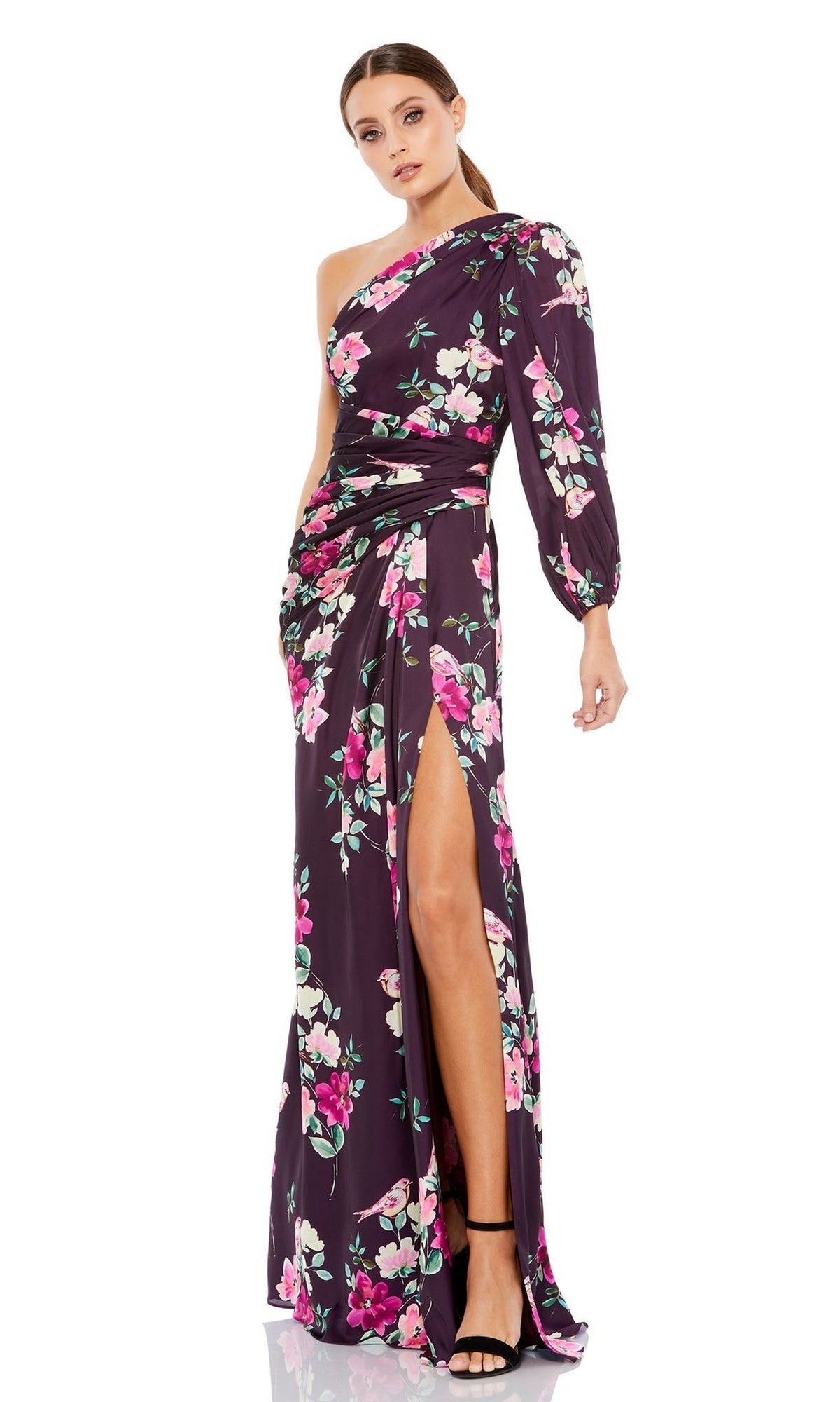 Plum Floral Mac Duggal Long Formal Dress 2634