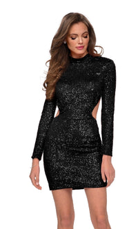 Black La Femme Long Sleeve Short Sequin Cocktail Dress