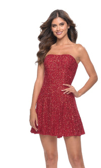 Red La Femme Strapless Short Sequin A-Line Party Dress