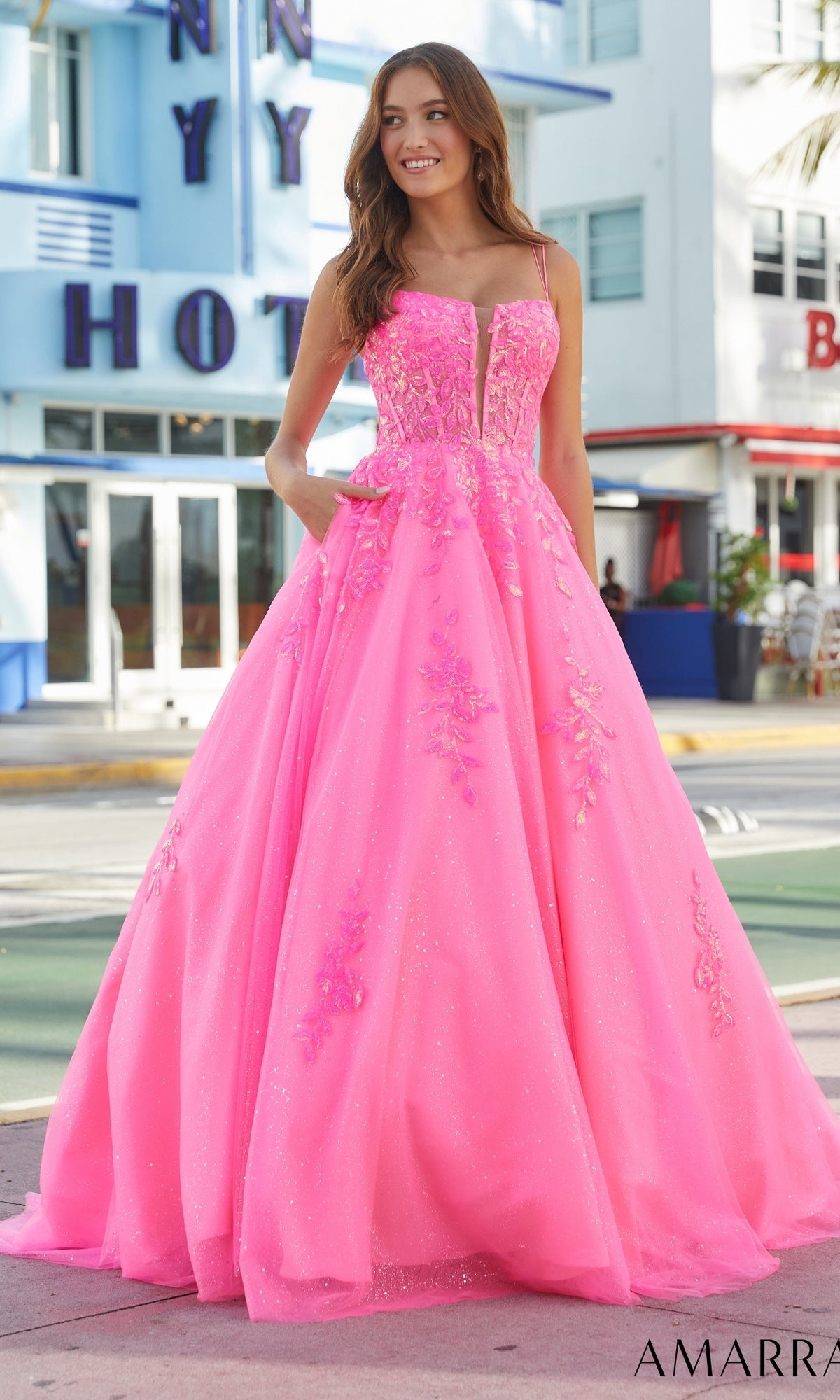 Neon Pink Amarra Long Formal Dress 88574