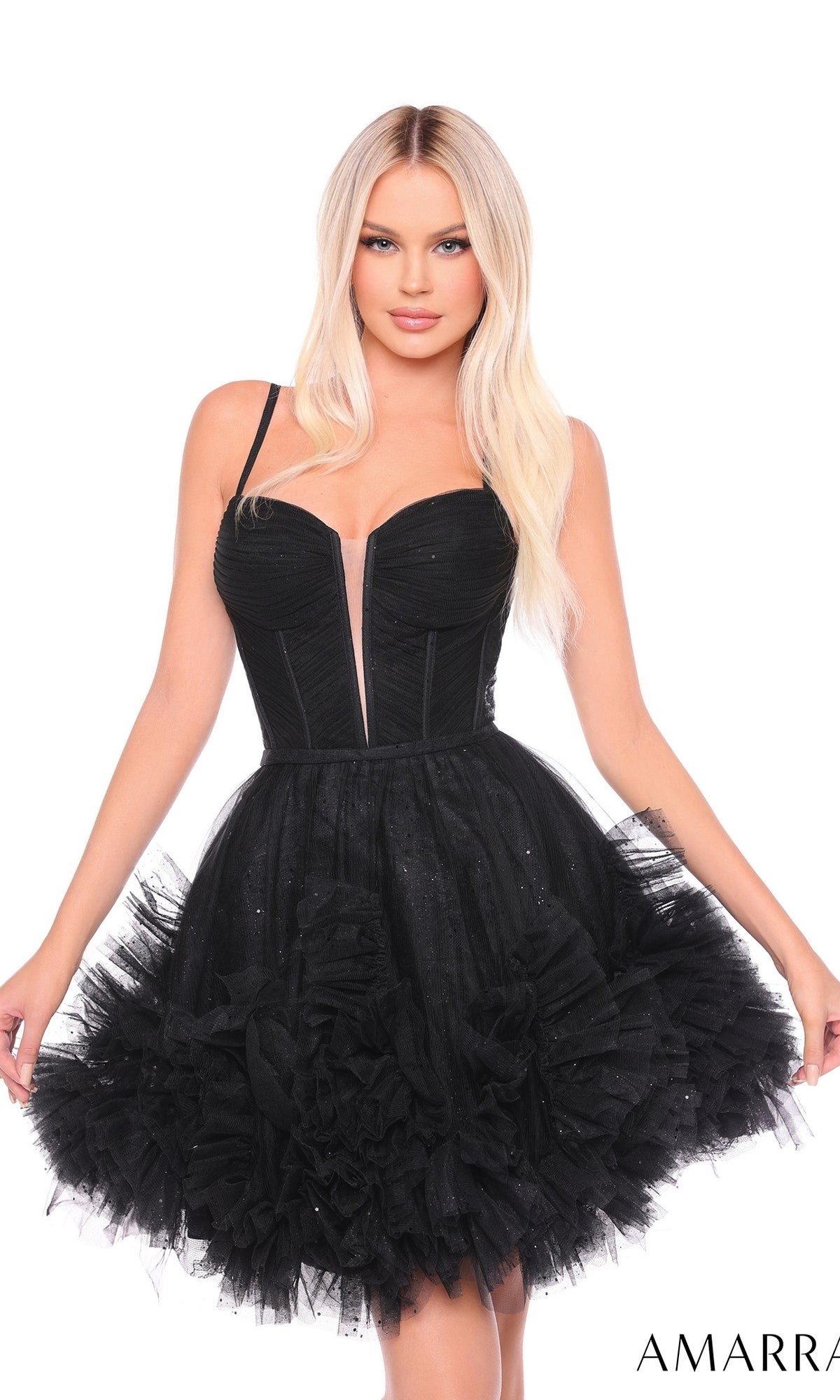 Black Short Corset Ruffled Hoco Dress 88677 by Amarra