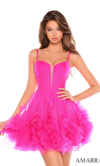 Neon Pink Short Corset Ruffled Hoco Dress 88677 by Amarra