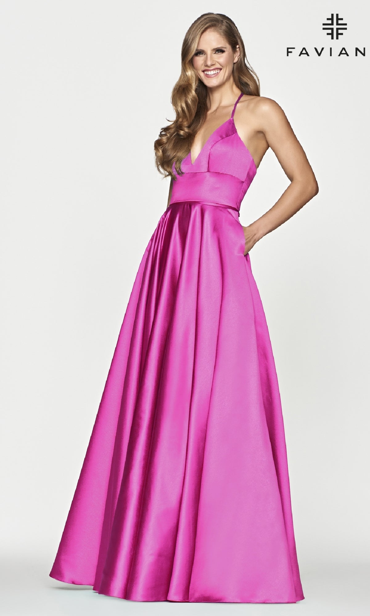 Lipstick Faviana Long Satin A-Line Prom Dress with Pockets