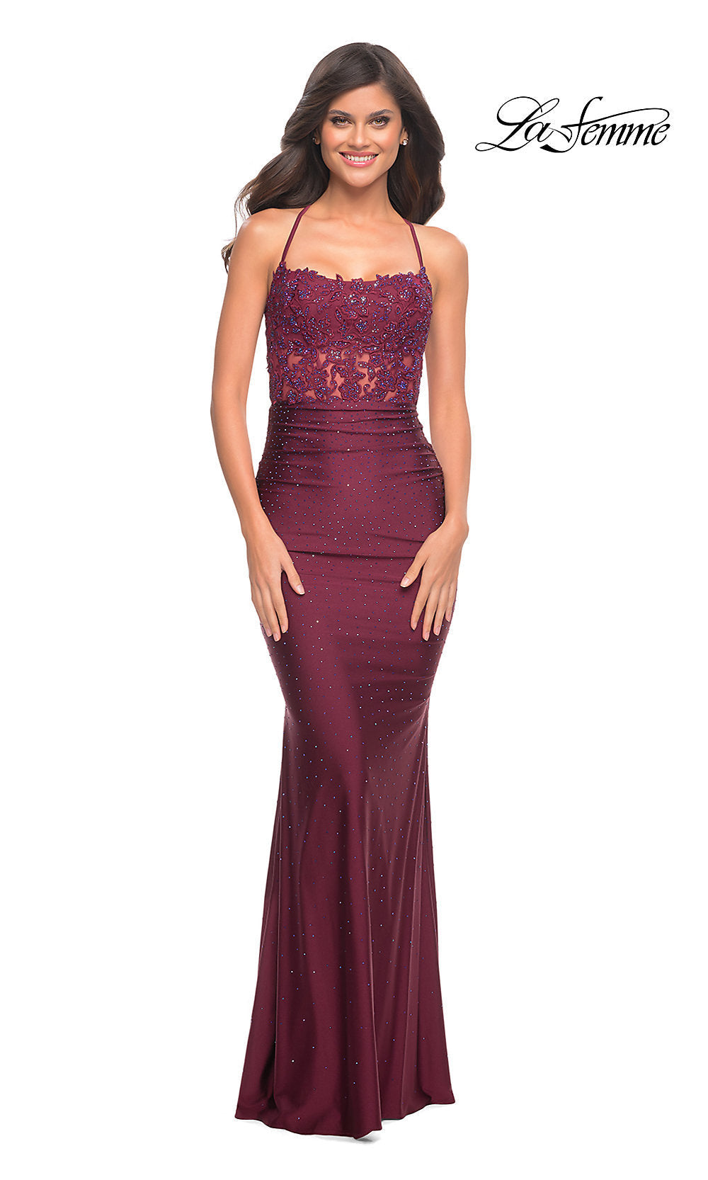 Dark Berry Open-Back Sheer-Waist Long La Femme Prom Dress