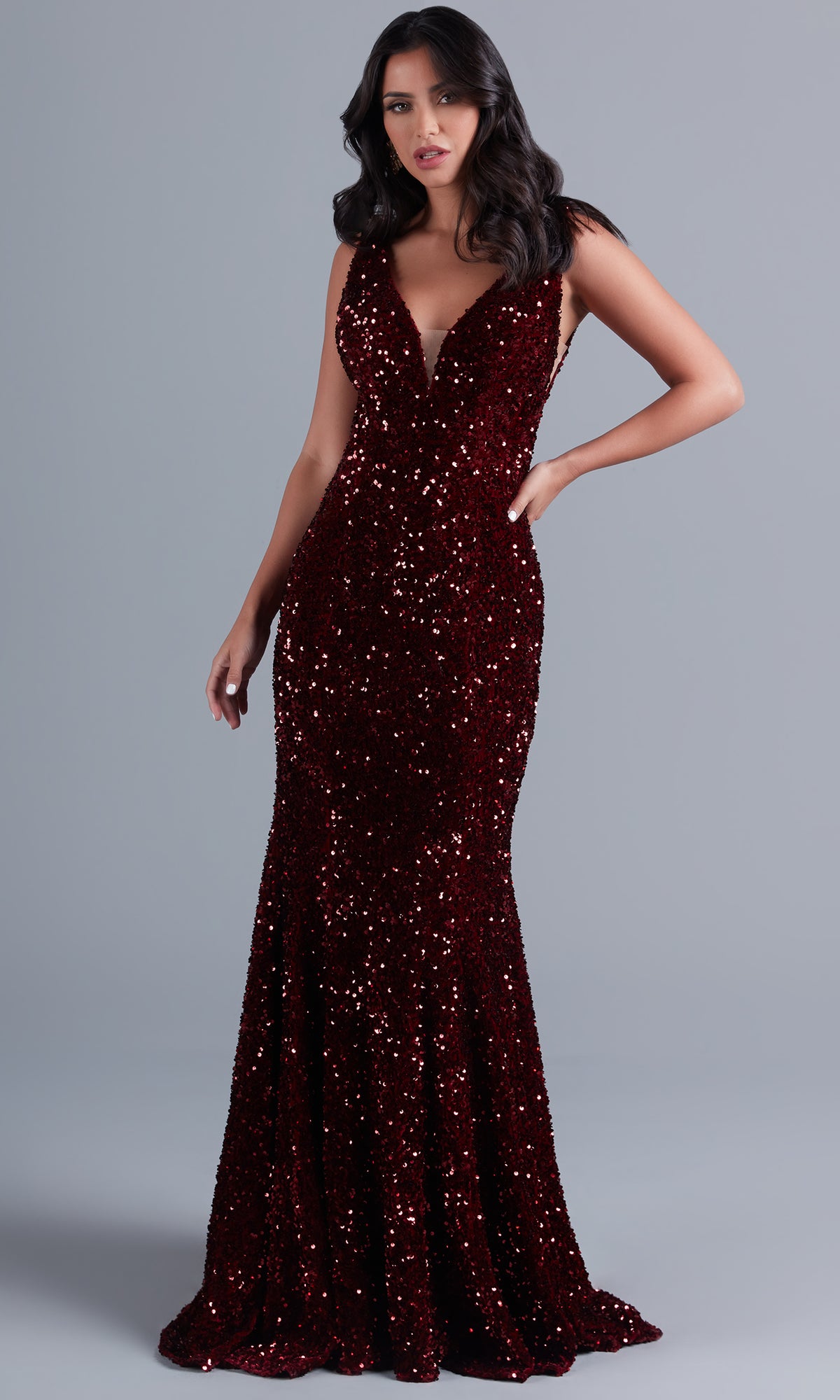 Sequin-Velvet Dark Red Long Prom Dress with V-Neck