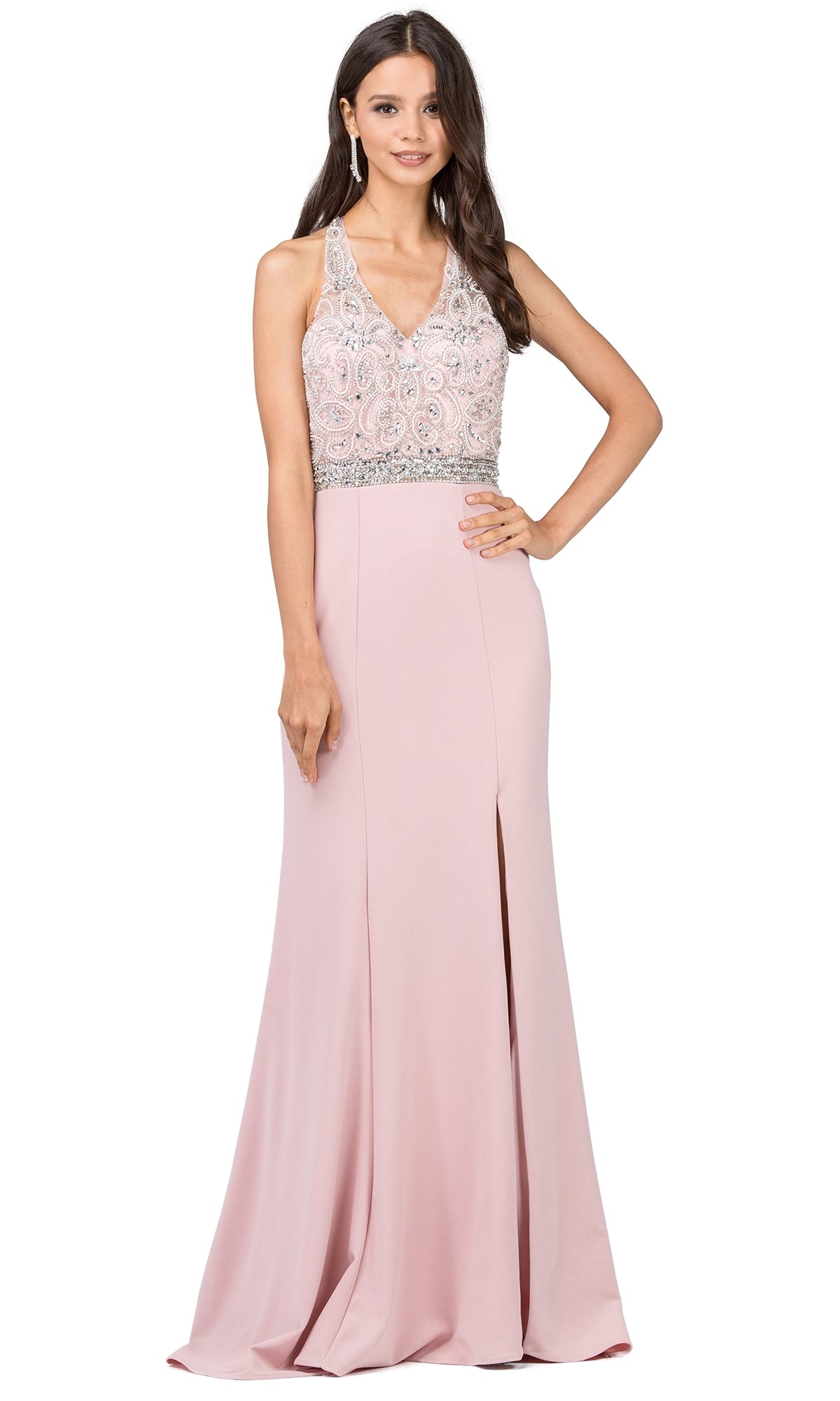 Sleeveless T-Back Formal Evening Dress with Beading