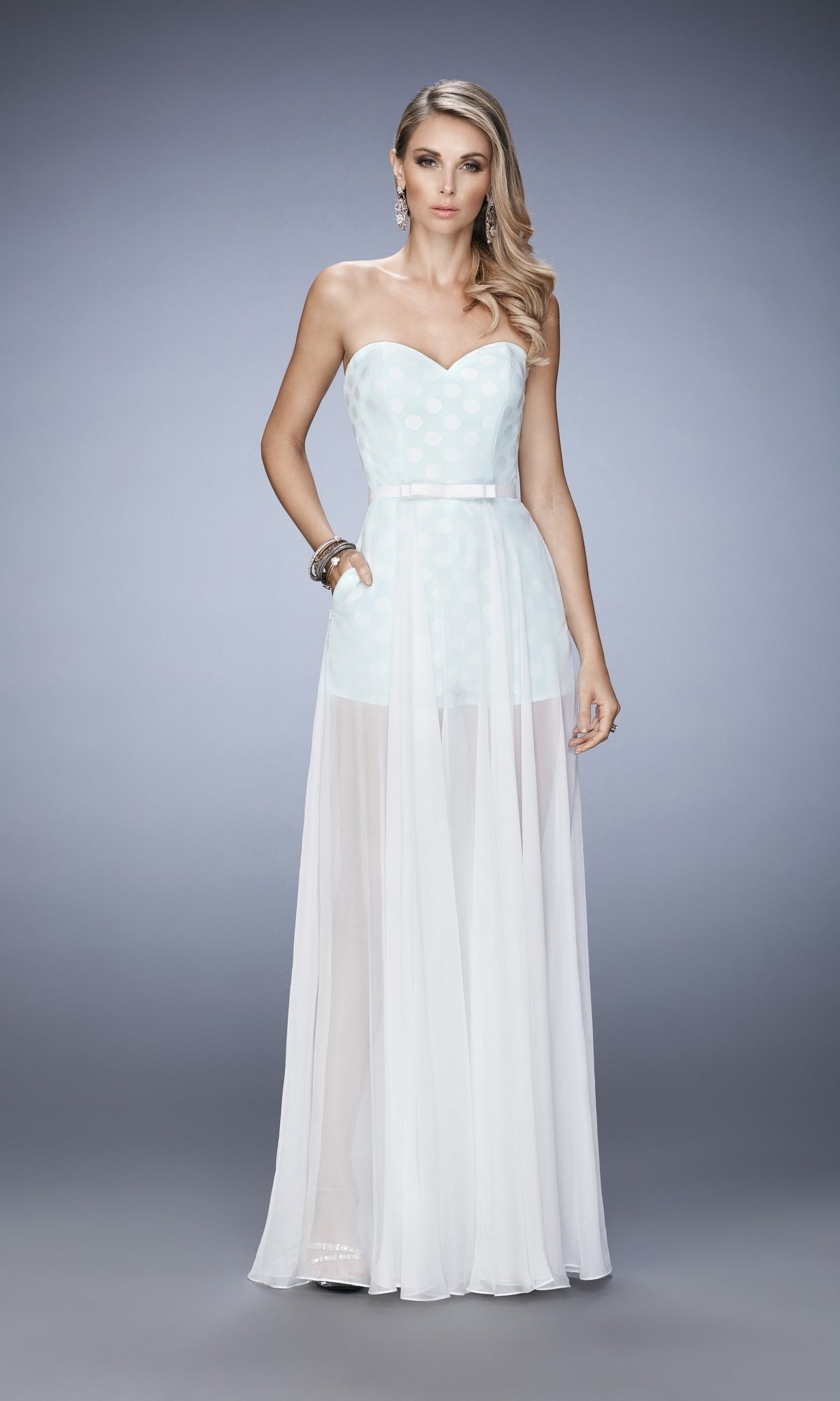 White/Light Mint Long Formal La Femme Dress 22484