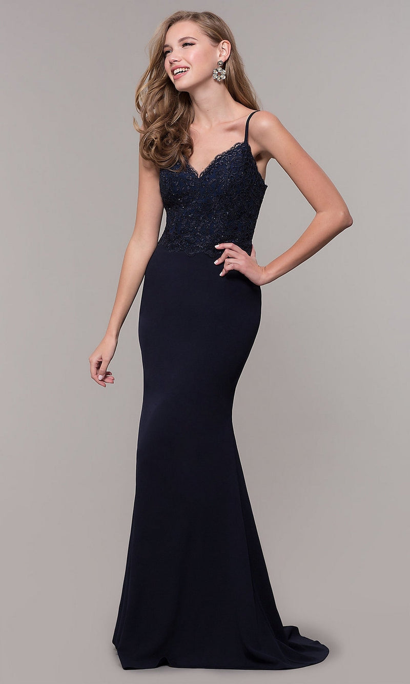 Lace-Bodice V-Neck Sheath Formal Evening Dress