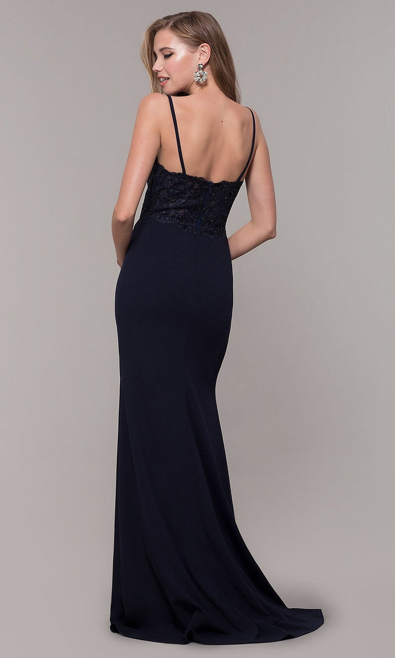 Lace-Bodice V-Neck Sheath Formal Evening Dress