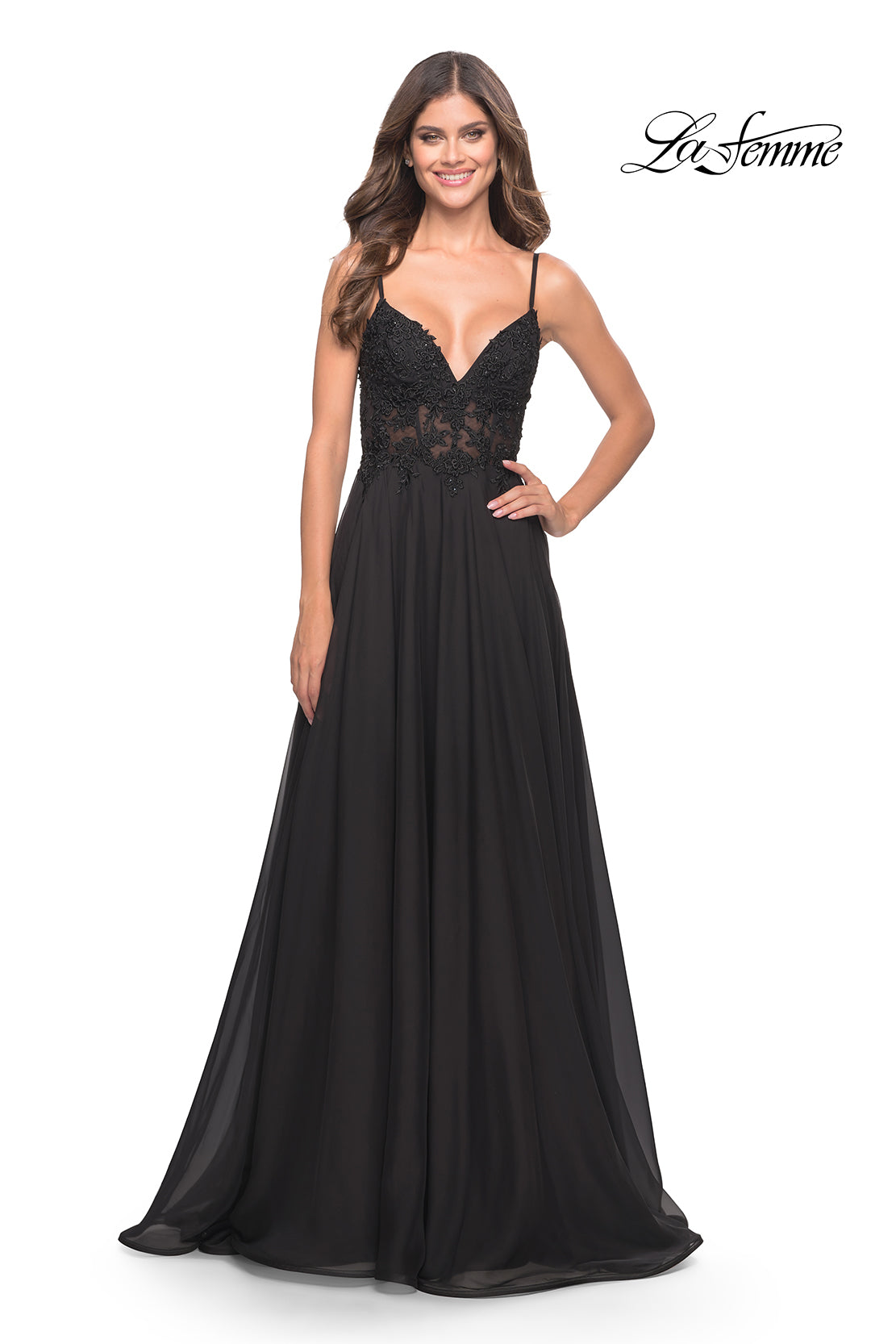 Long La Femme A-Line Prom Dress with Sheer Bodice