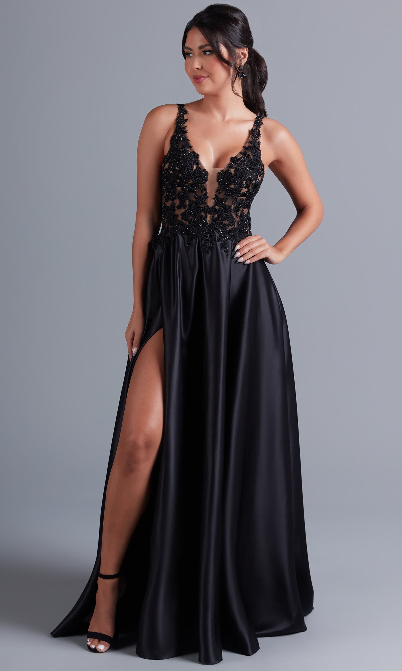 Sheer-Lace-Bodice Long Black A-Line Formal Dress