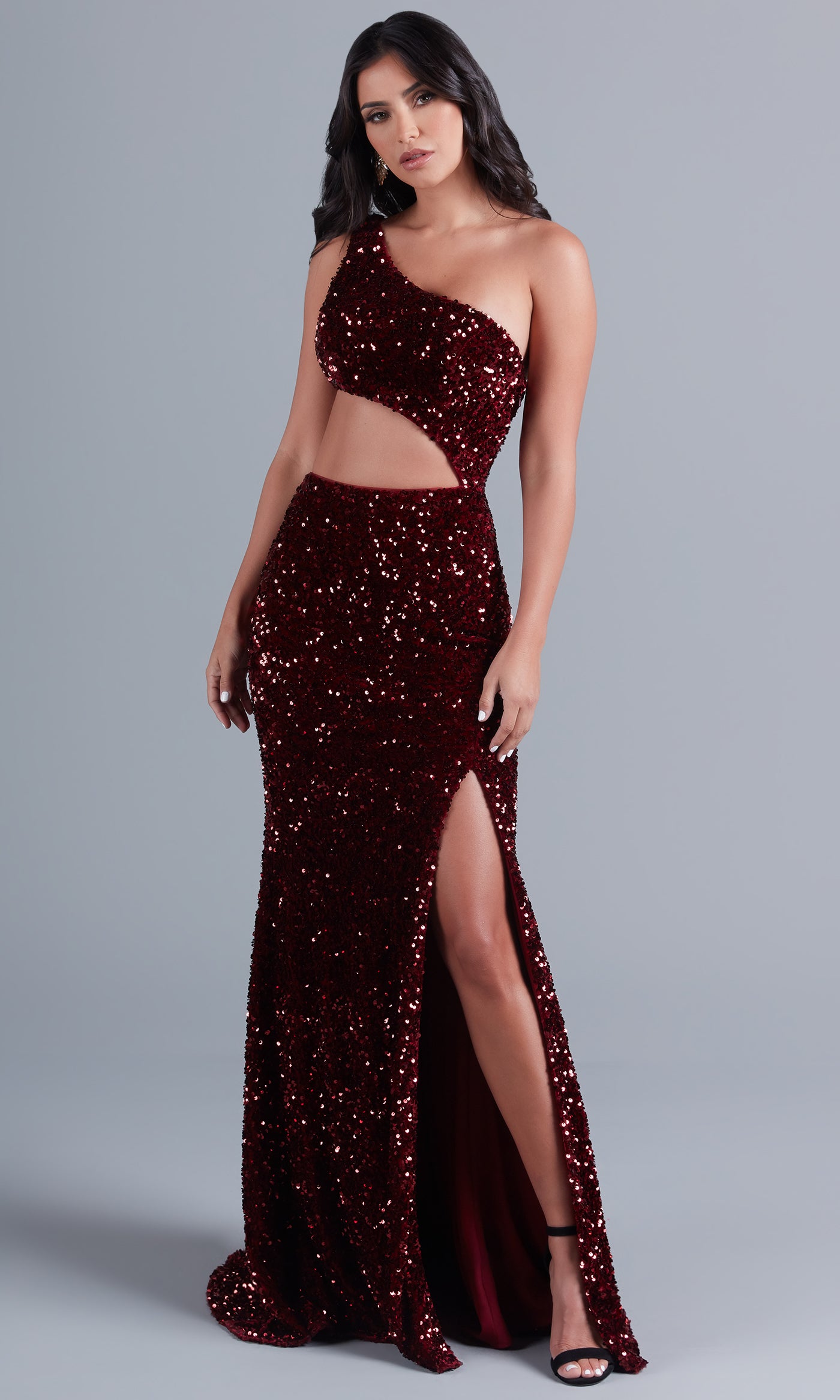 Dark Red Long Sequin Prom Dress with Cut-Out Side