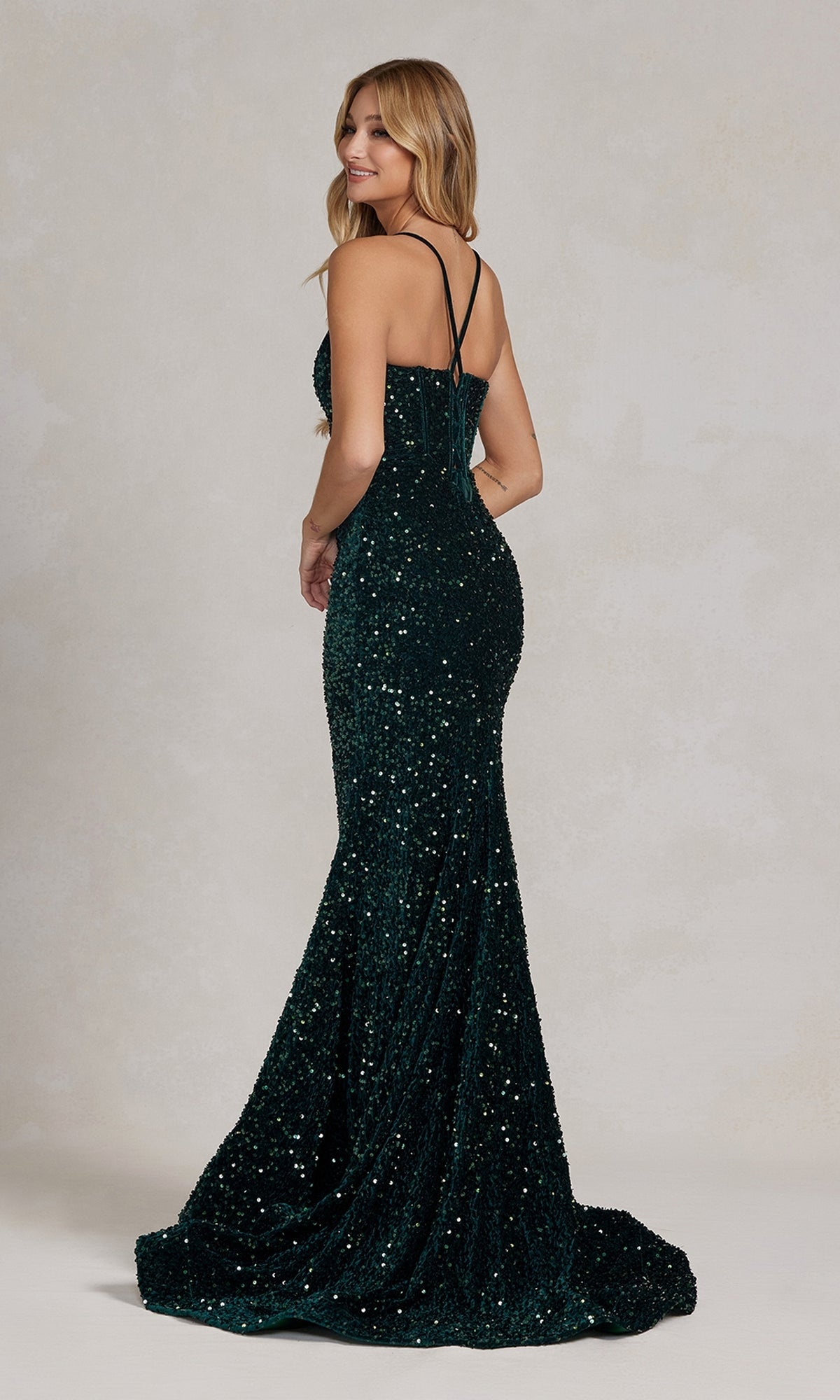 Long Sequin Prom Dress with Open Corset Back