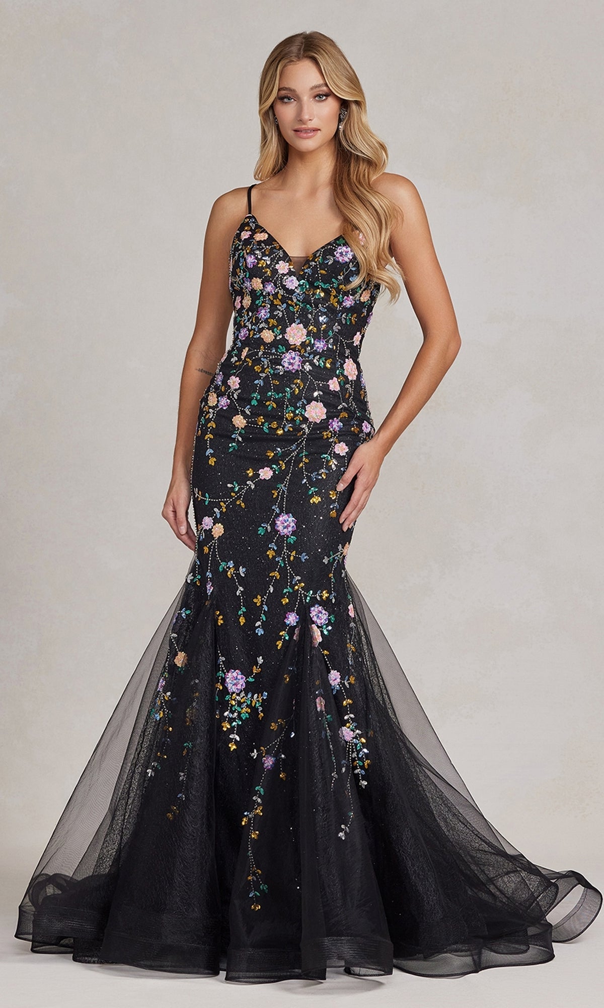 Black floral on sale embroidered prom dress