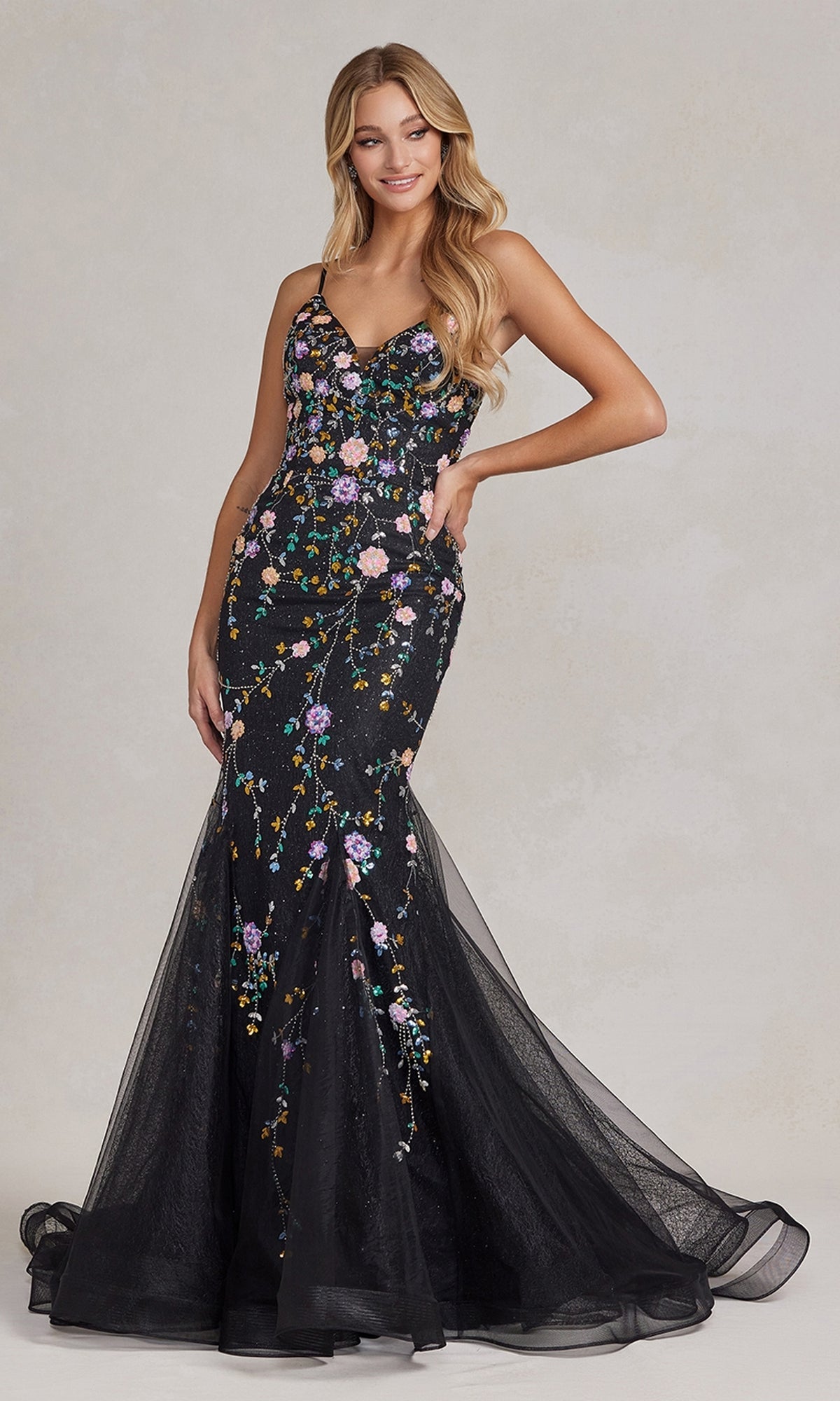 floral embroidered prom dress