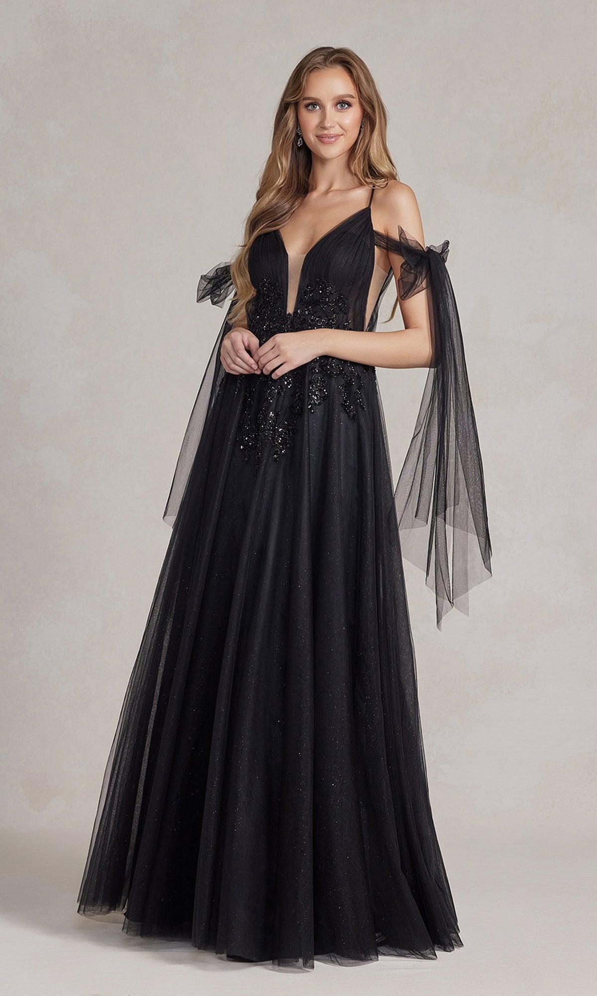  Long Black Ball Gown with Sheer Bow Sleeves