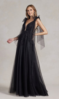  Long Black Ball Gown with Sheer Bow Sleeves