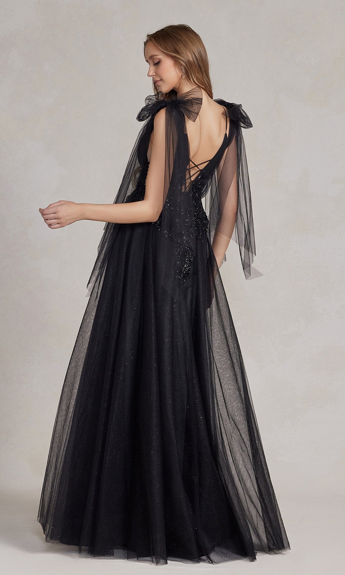  Long Black Ball Gown with Sheer Bow Sleeves