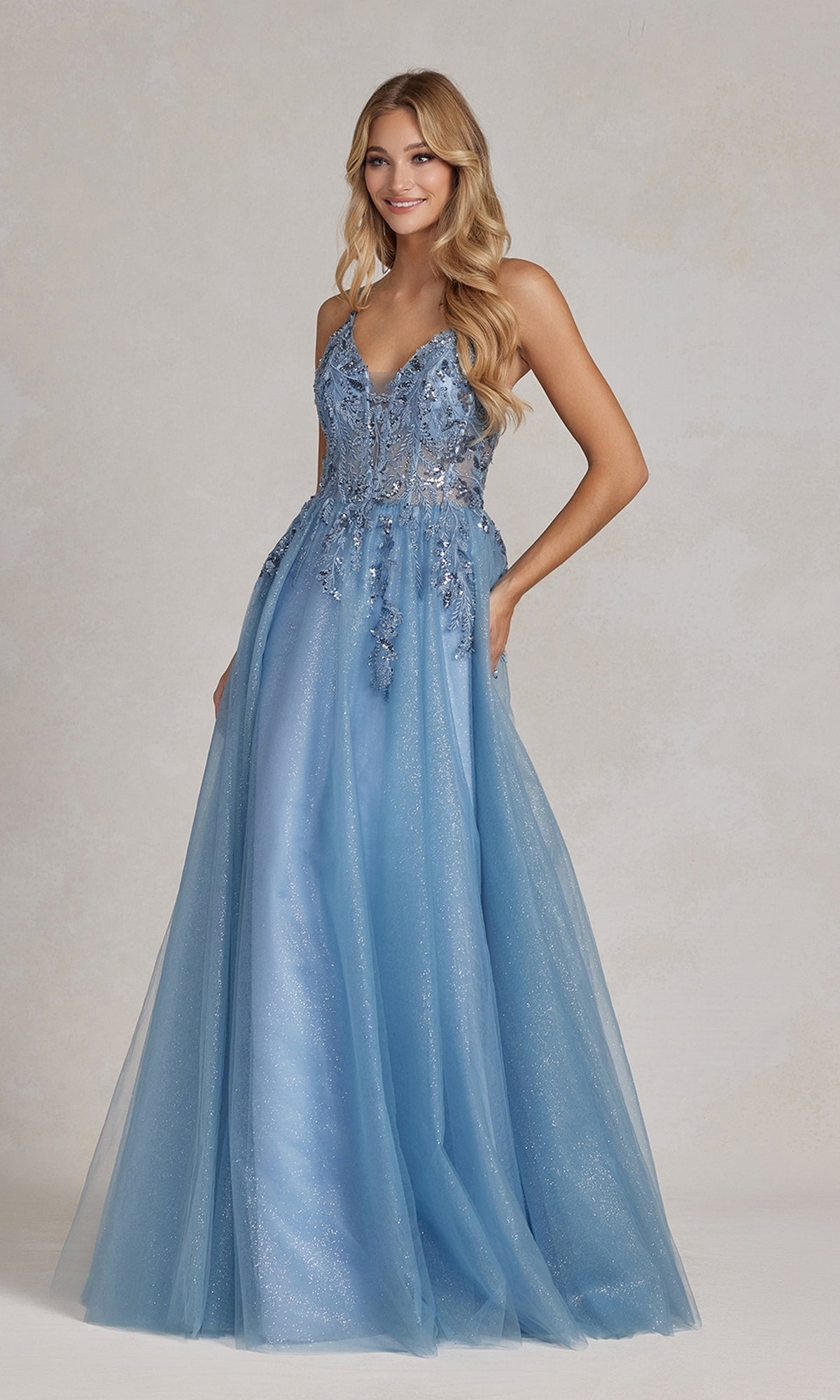 Dusty Blue Long Prom Ball Gown in Glitter Tulle Dusty Blue / 00