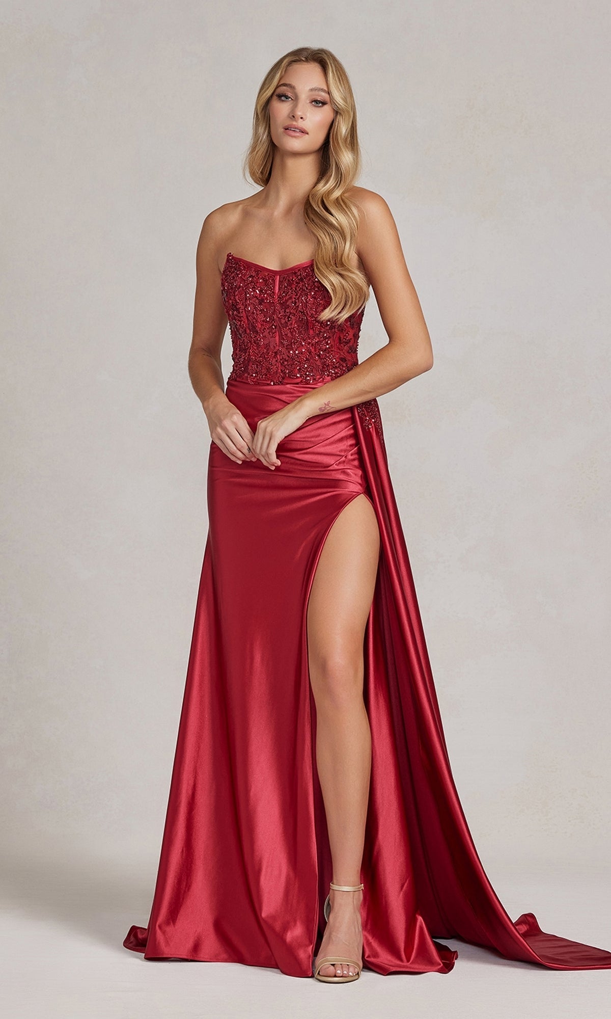 Long Corset Prom Dress with Side Drape - PromGirl