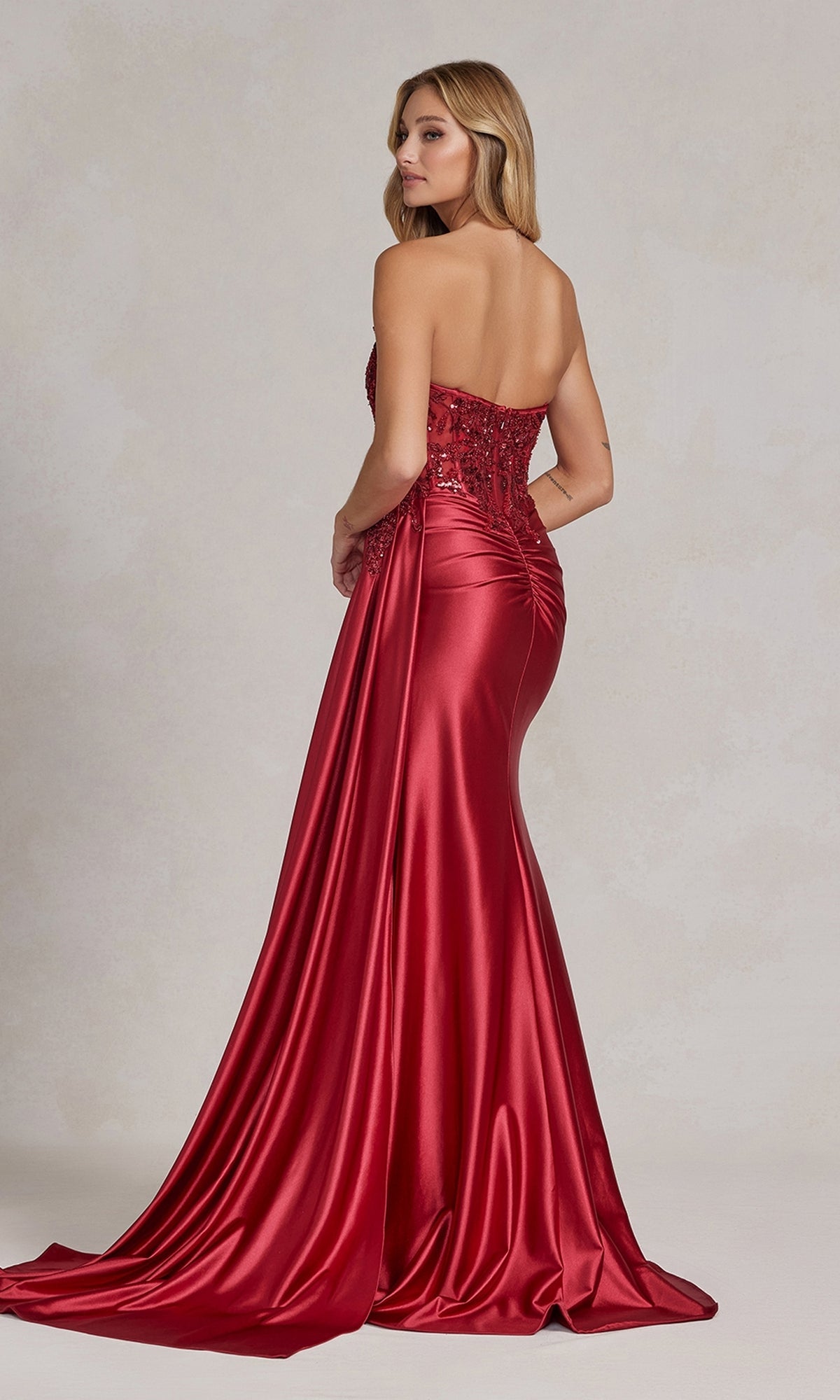 Strapless Side Slit Red Satin Long Prom Dresses with Train