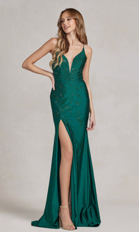  Plunging V-Neck Long Beaded Formal Dress E1206