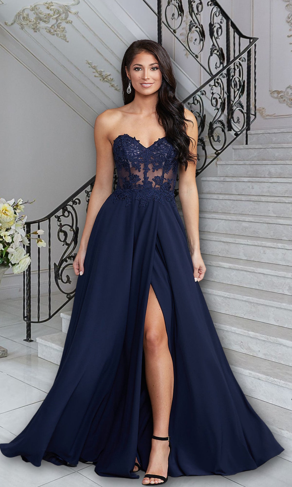 Sheer-Corset Long Blue Formal Dress with Puff Sleeves Blue / 4