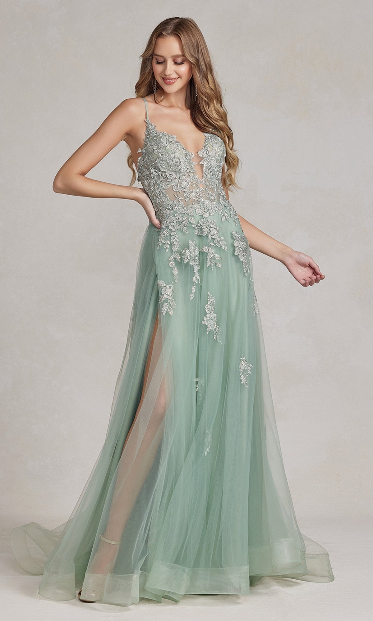 A Line Mint Green Lace Long Prom Dresses, Mint Green Lace Formal