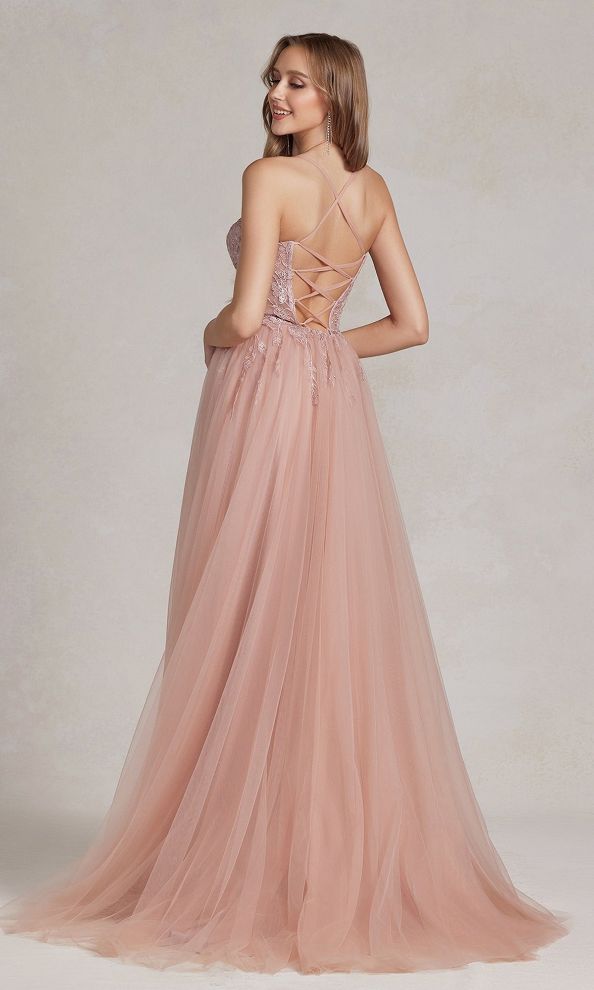 Sheer-Waist Long A-Line Prom Dress with Lace Corset