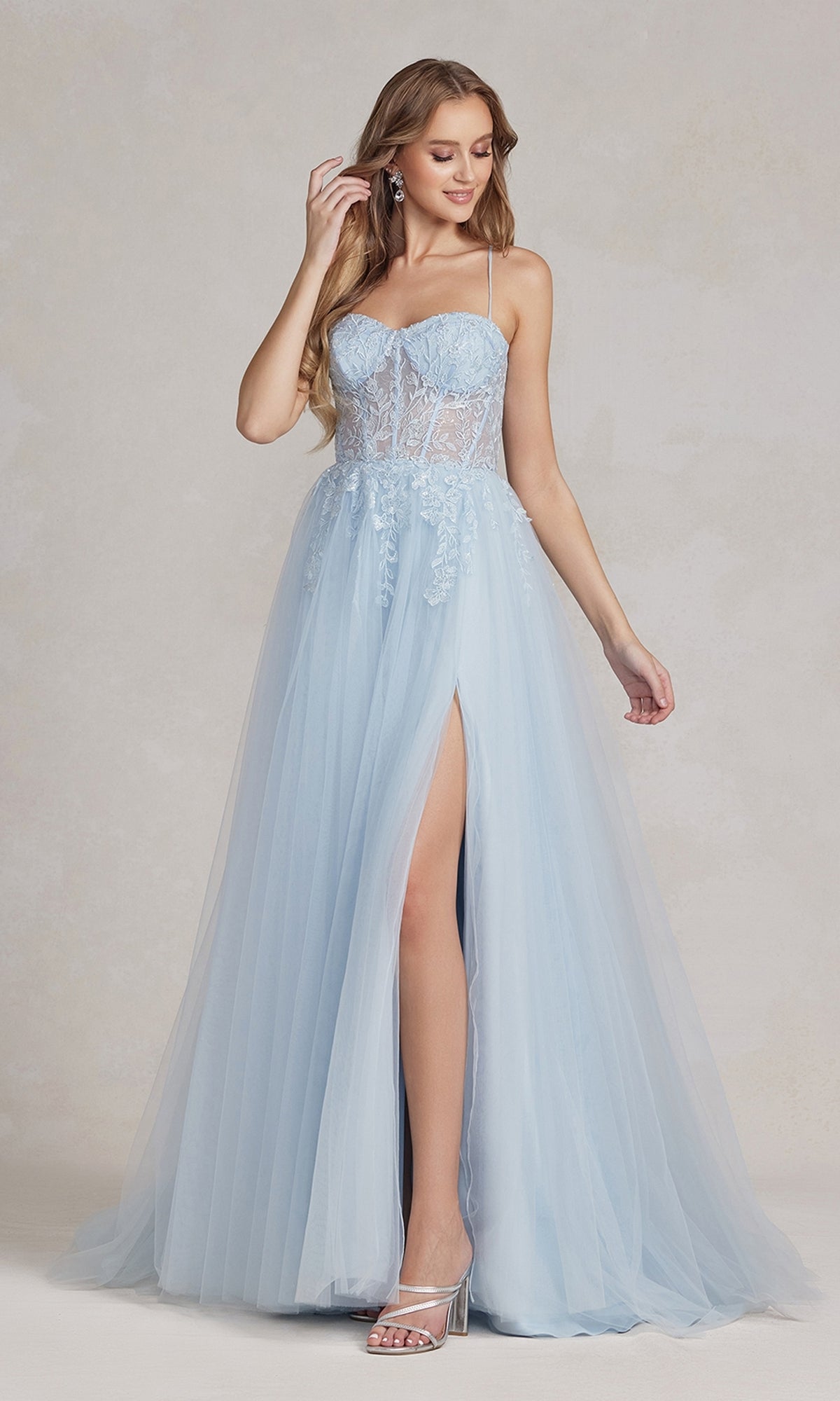 A-Line Long Lace Prom Dress with Sheer Waist Ice Blue / 00