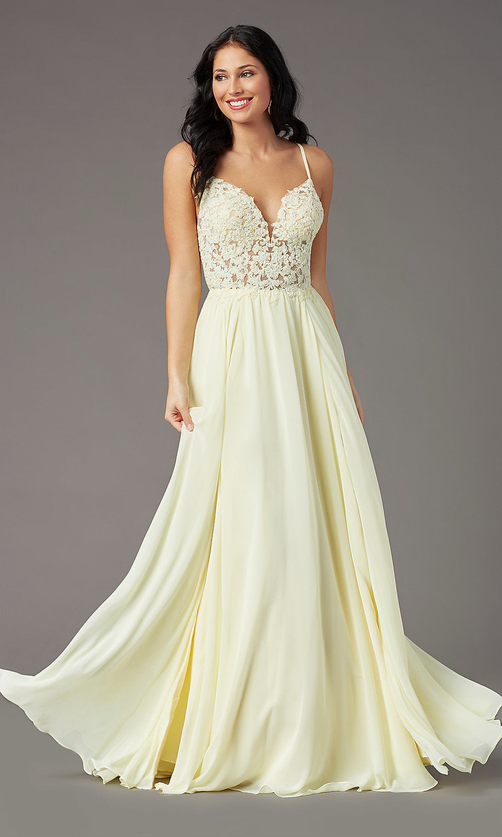 Embroidered Gold Open-Back Tulle Prom Dress - PromGirl