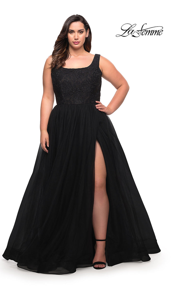 Beaded Black Lace Long Sleeve Plus Size Prom Dress