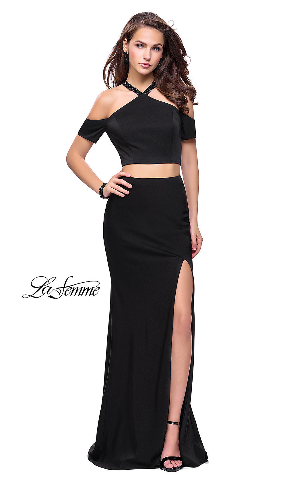 Sheer Black Lace & Satin Black Two-piece Prom Gown - Xdressy