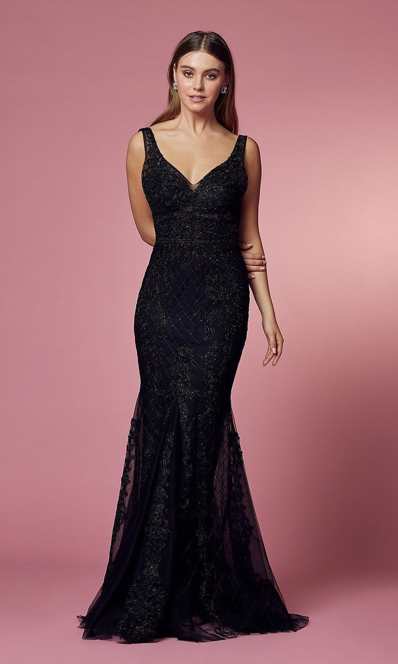 Embroidered Deep V-Back Long Prom Dress with Beading