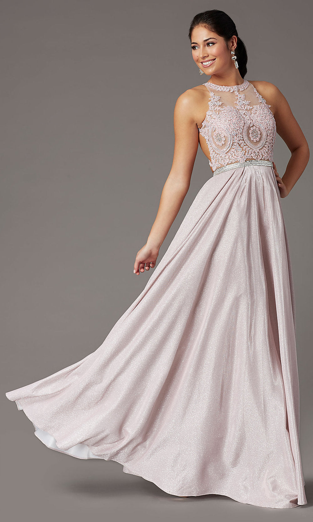 Glitter-Knit Long Sparkly Prom Dress with Pockets