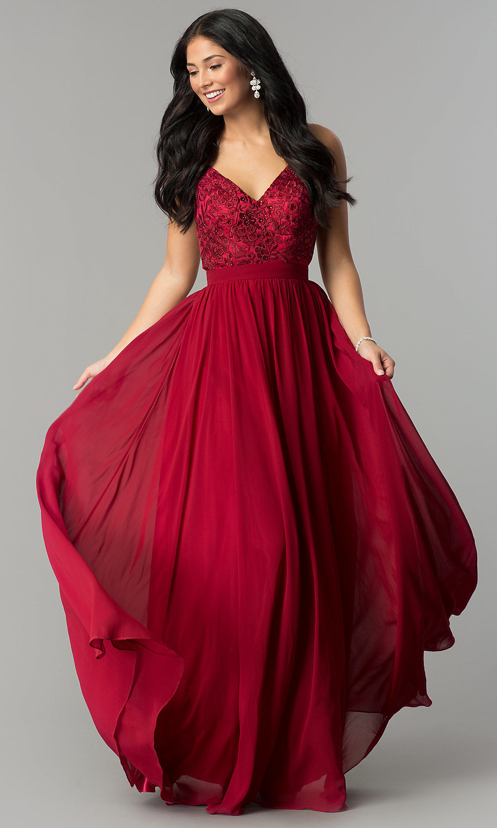 Burgundy A-Line Long Chiffon Prom Dress with Embroidered Lace