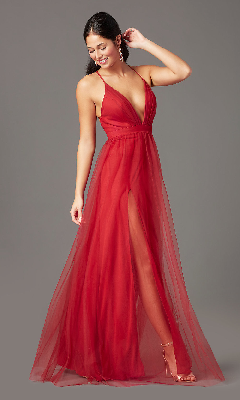 Simple Red Satin Prom Dresses V Neck Backless Long Formal Dress with H –  MyChicDress