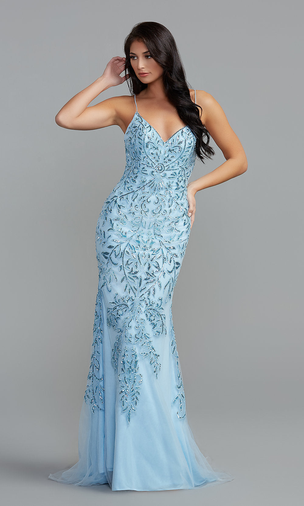 Corset-Style Long Sequin Prom Dress - PromGirl