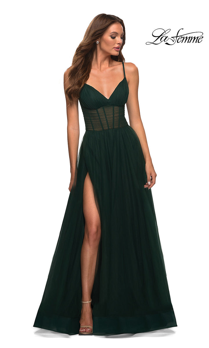 La Femme Long A-Line Prom Dress with Sheer Waist