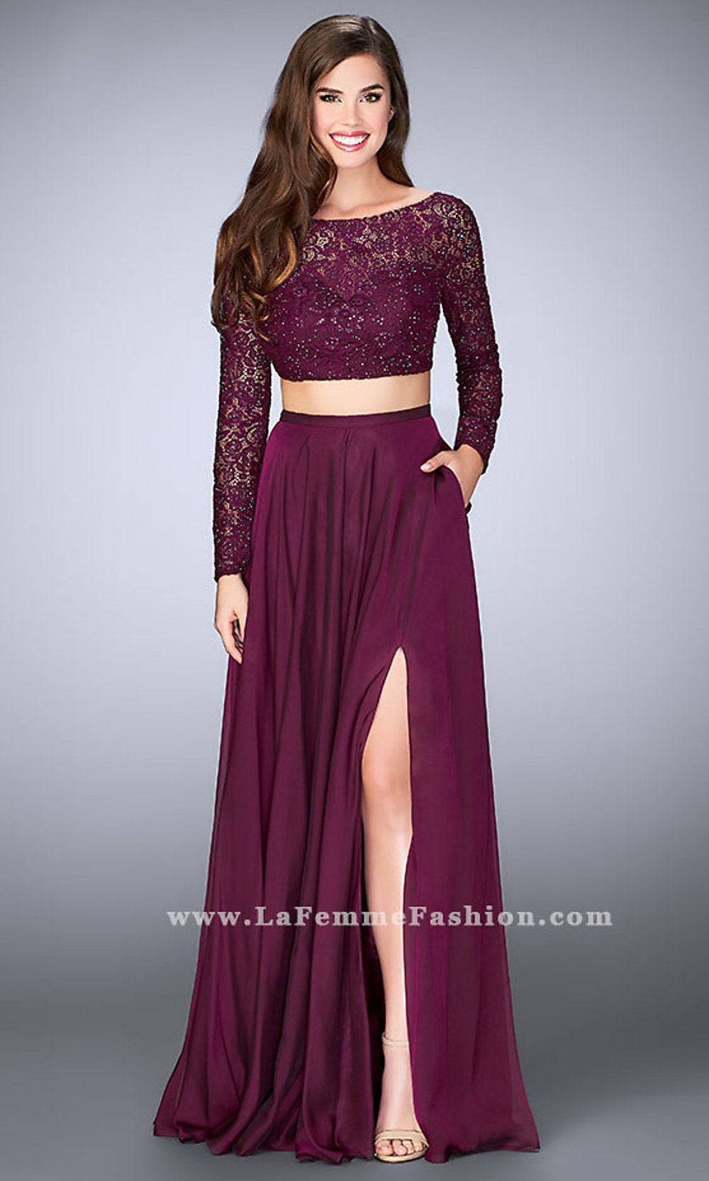Two Piece Long Sleeve Formal Gowns | Black Long Slit Lace Prom Dress SP0349  | Newarrivaldress.com