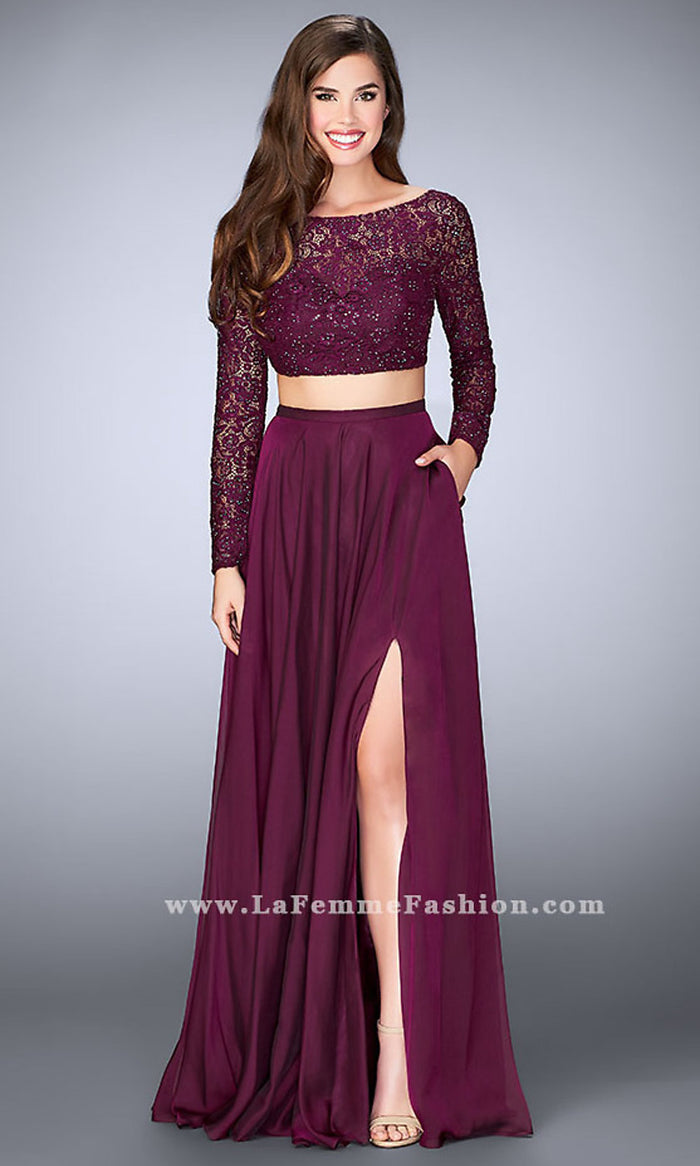 Two Piece Plum Lace Velvet Mermaid Prom Dress Sexy Sheer Crop Top