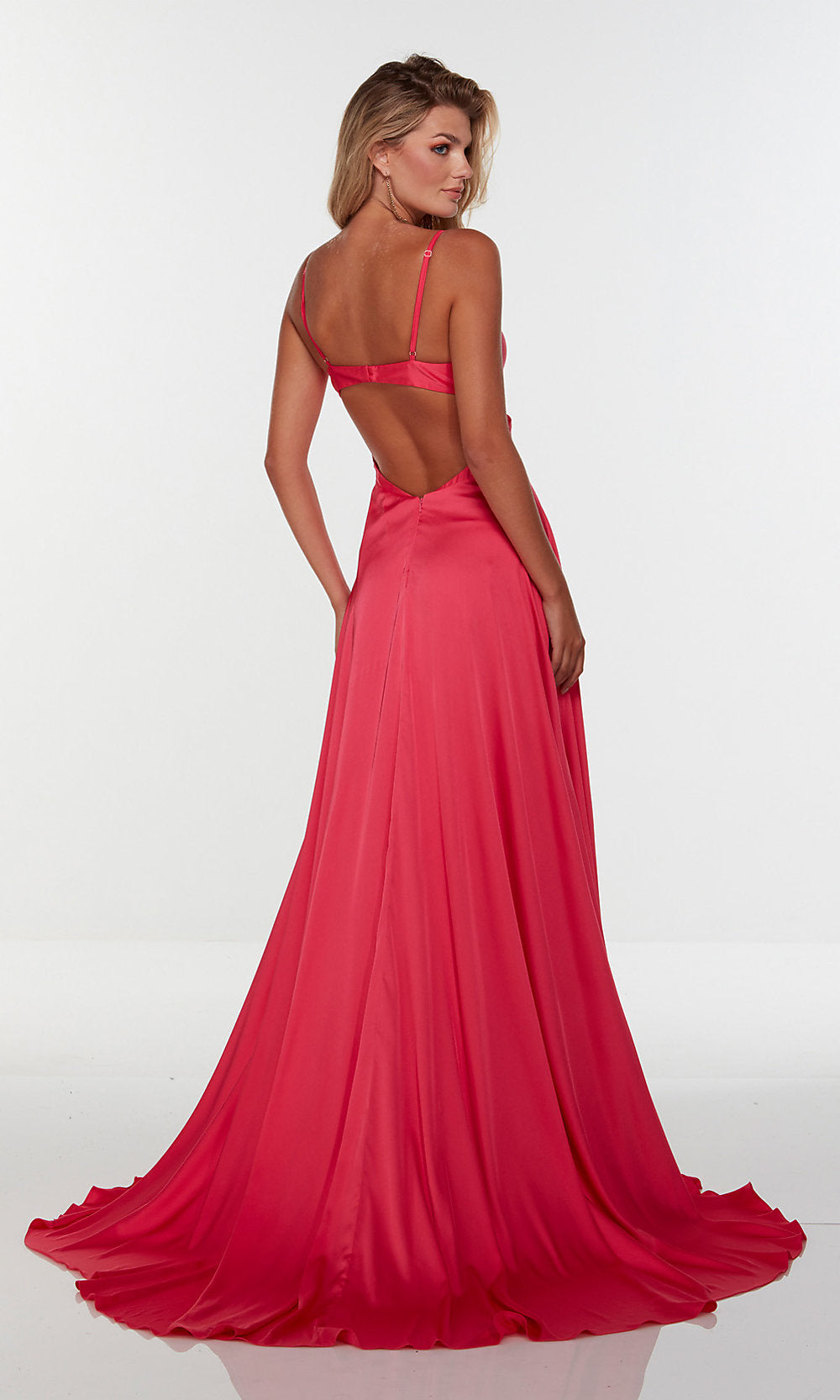 Strappy-Back V-Neck Long Red Satin Prom Dress