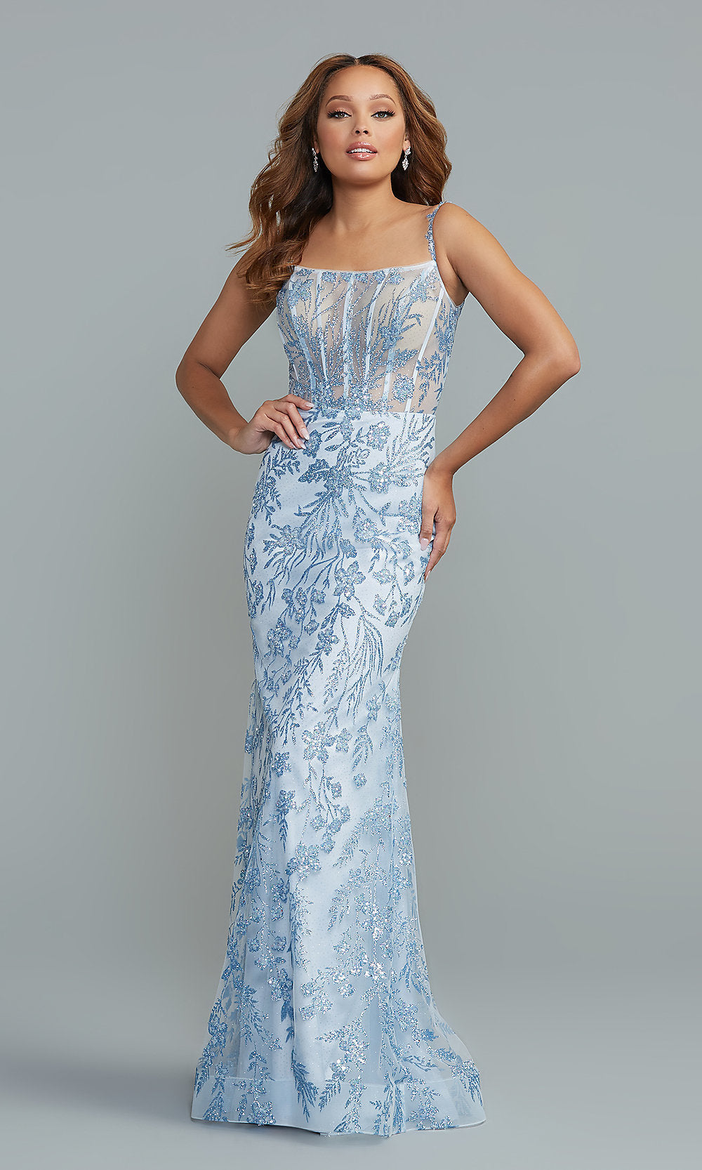 Glitter-Sequin Long Blue Formal Dresses with Corset Bodice