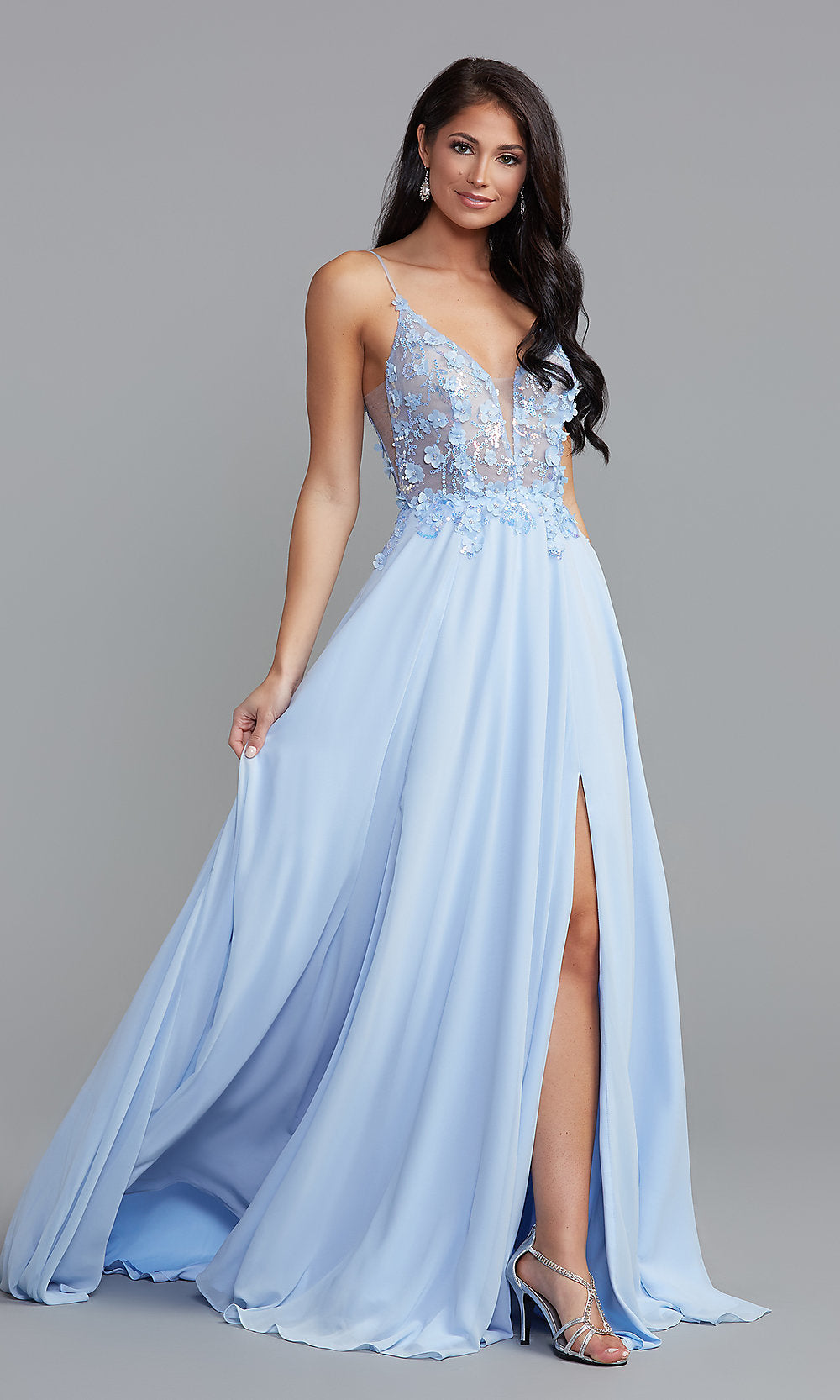 Sheer-Bodice A-Line Long Prom Dress with Double Slits