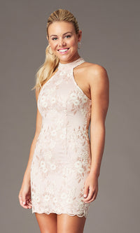  Embroidered Mock-Neck Mauve Pink Homecoming Dress