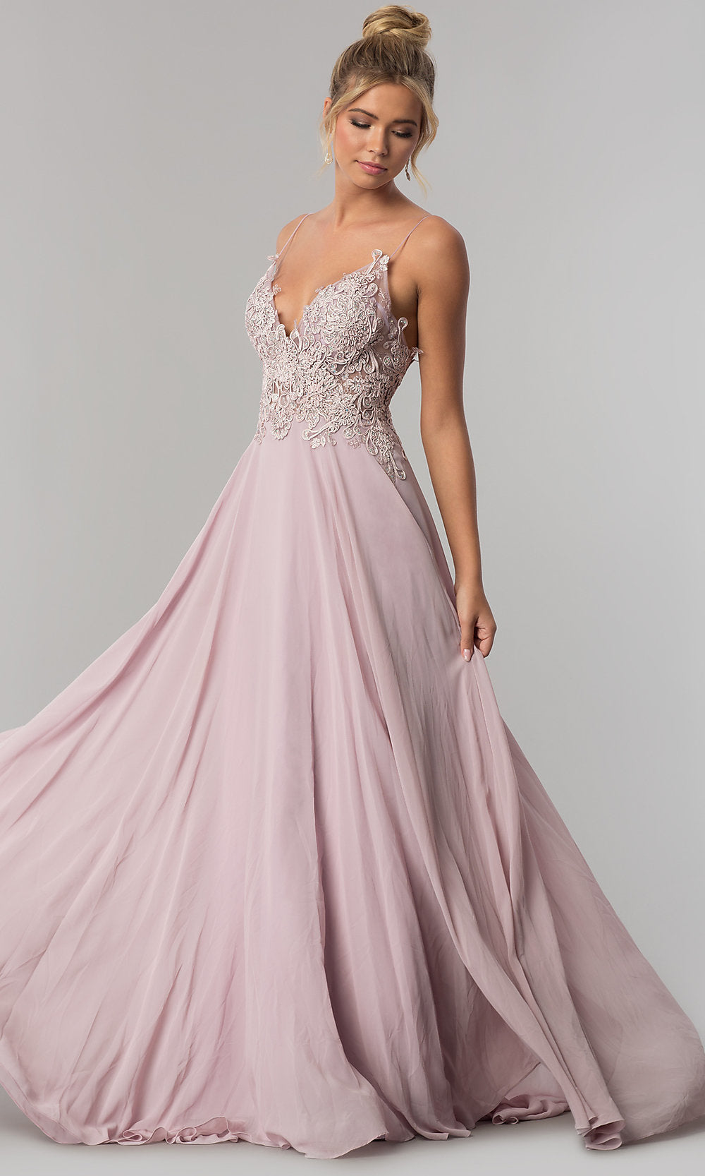 Illusion Chiffon Long Prom Dress with Embroidery