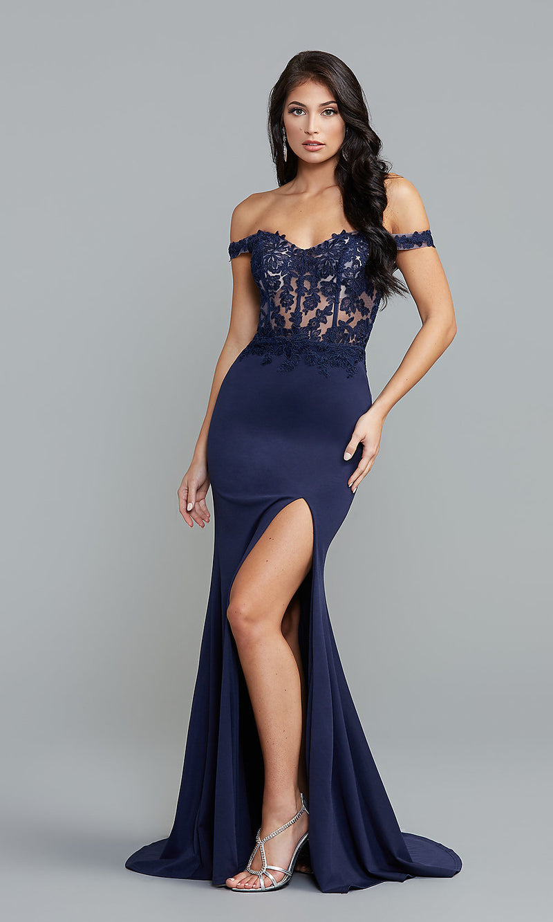 Off-Shoulder Long Blue Prom Dress with Sheer Bodice