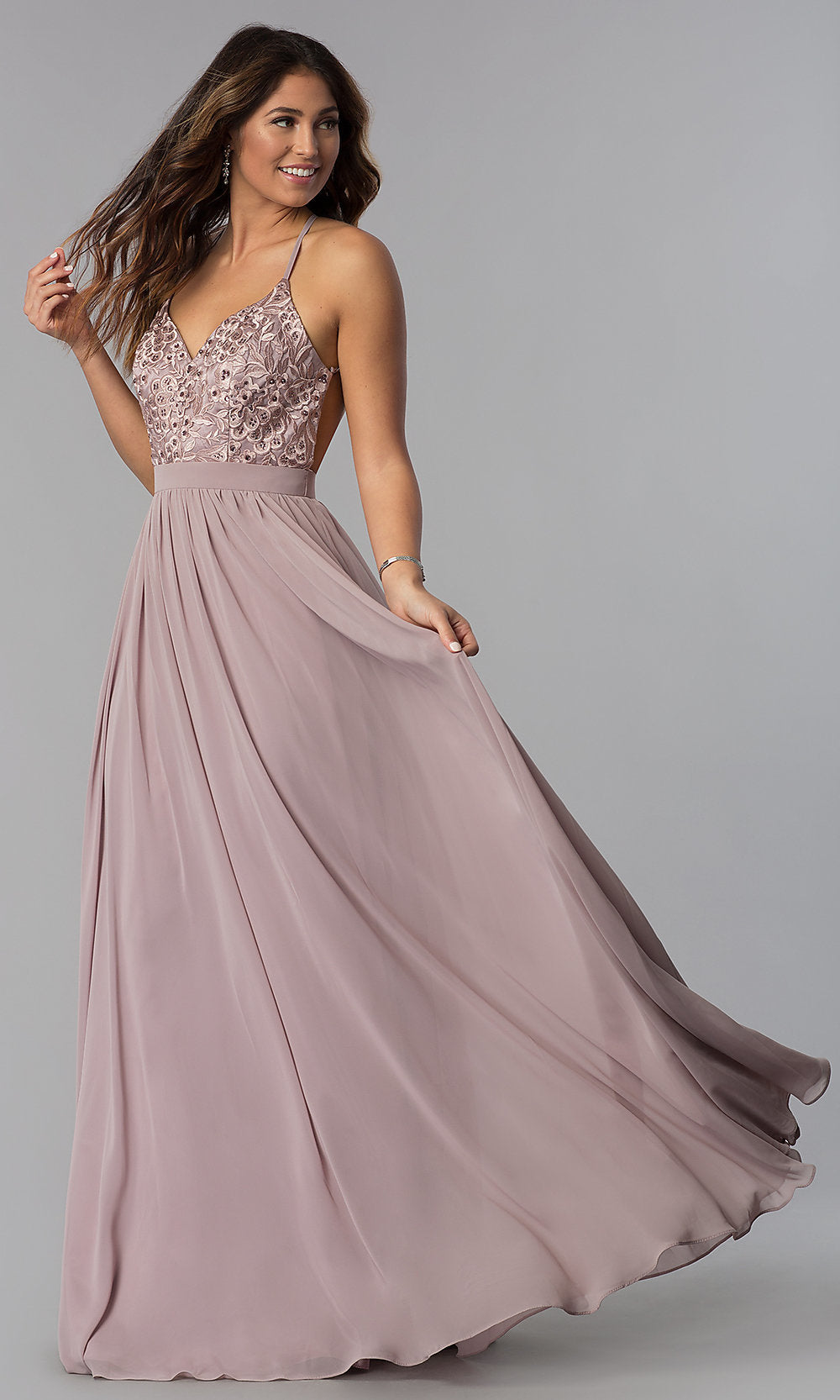 Mocha A-Line Long Chiffon Prom Dress with Embroidered Lace