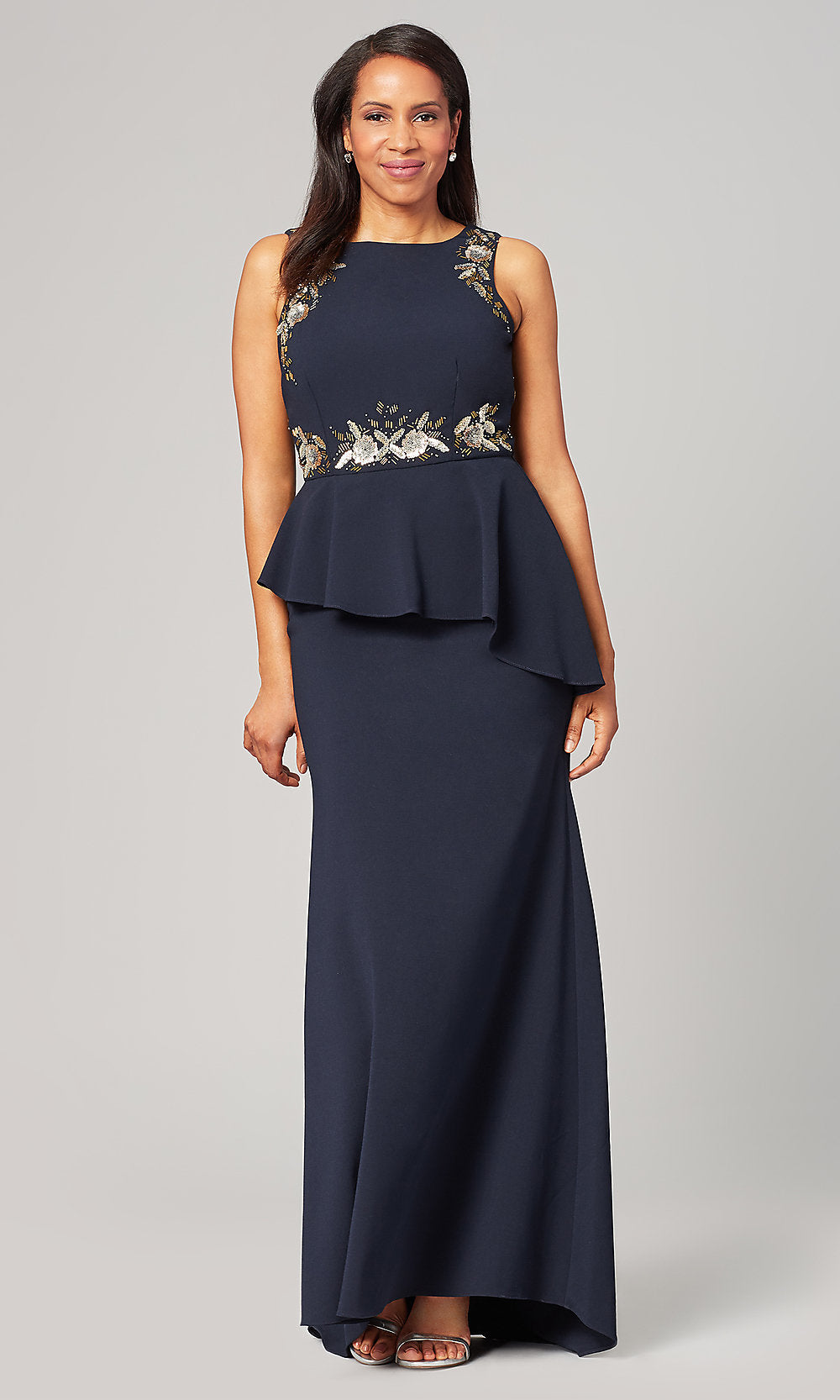 Navy Navy Blue Long Mother-of-the-Bride Peplum Dress