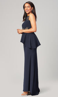  Navy Blue Long Mother-of-the-Bride Peplum Dress